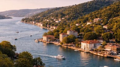 İstanbul Beykoz’da Boğaz kıyısı, yeşil tepeler ve sahil boyunca uzanan konutların havadan görünümü