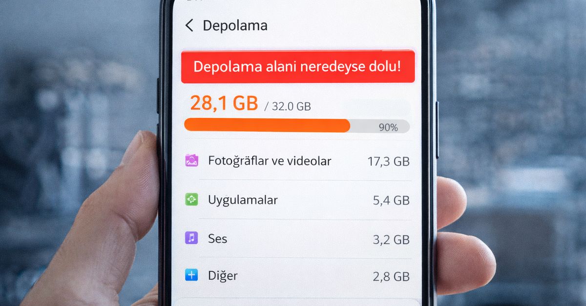 Telefon depolama alanı neredeyse dolu uyarısı gösteren ve performans düşüşünü anlatan akıllı telefon ekranı