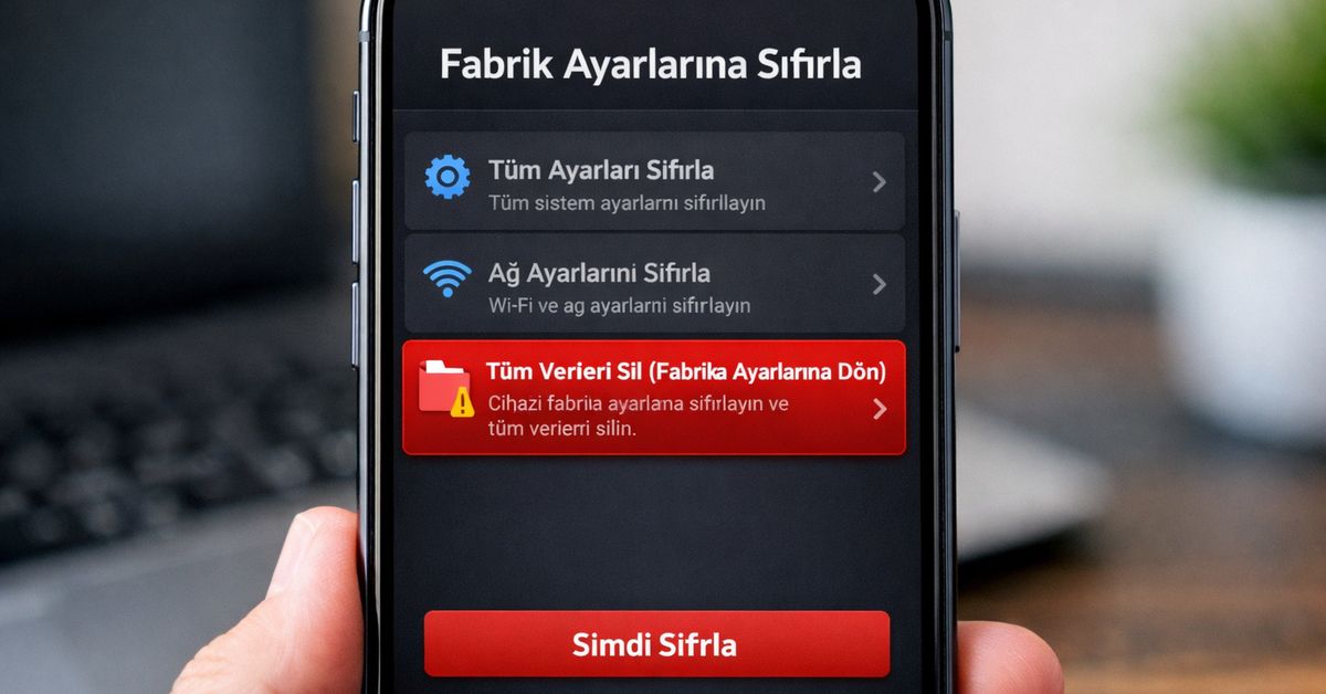 Telefon fabrika ayarlarına sıfırlama ekranı ve performans sorunu çözüm adımı gösteren akıllı telefon arayüzü
