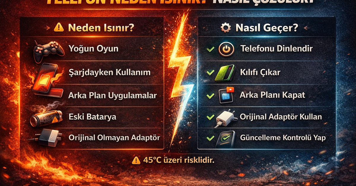 Telefon neden ısınır ve nasıl geçer sorusunu açıklayan, iki sütunlu nedenler ve çözümler infografik görseli